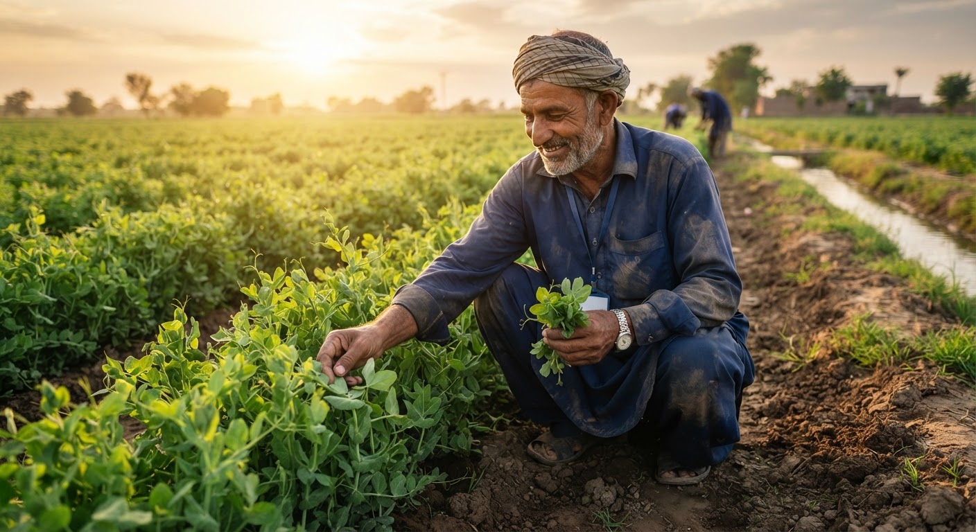 Farmer inspecting healthy crops in a climate-resilient field in Pakistan