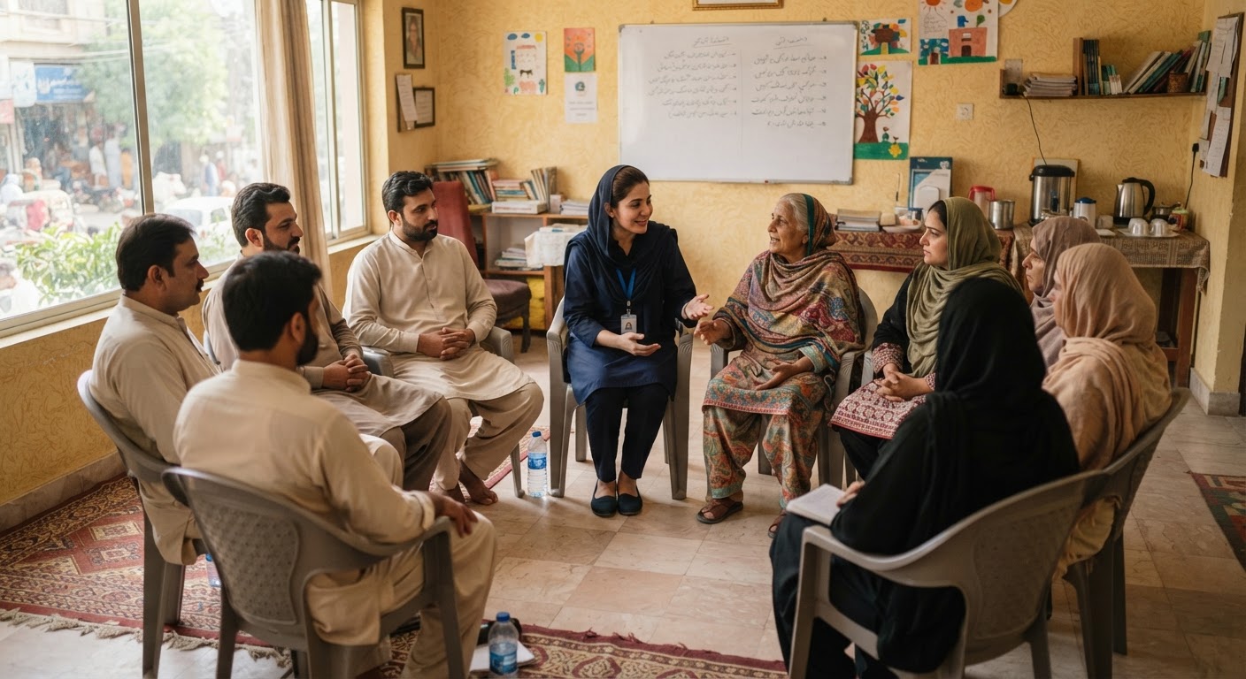 Supportive counselor conducting a community psychosocial support circle