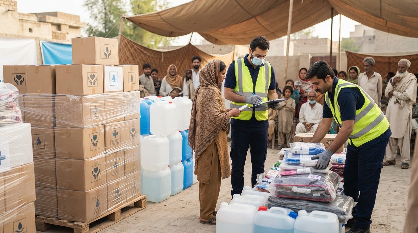Humanitarian relief supplies organized for emergency distribution